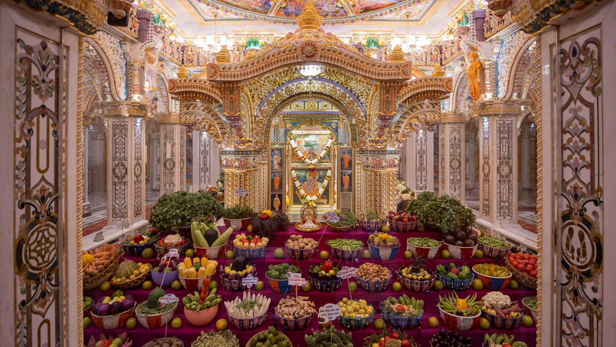 Annakut of fruits and vegetables offered in the Shri Akshar Deri