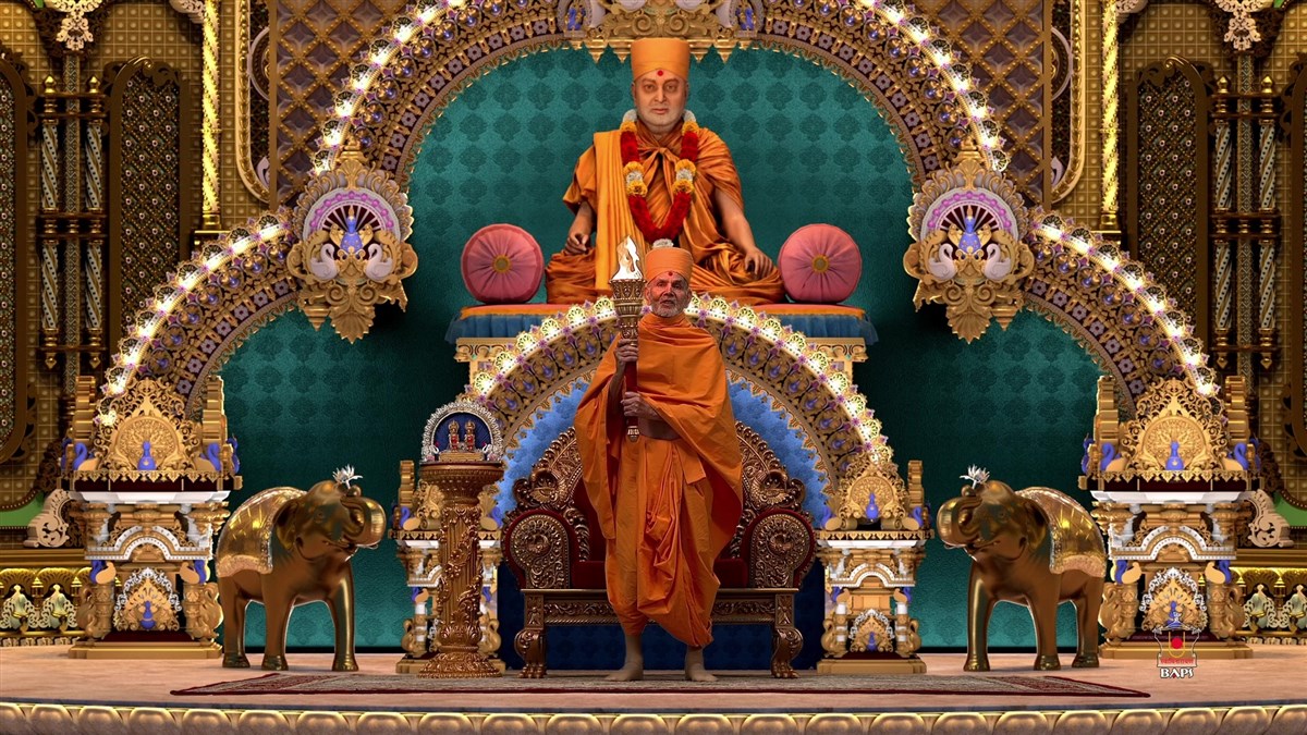 Swamishri holds a flame torch
