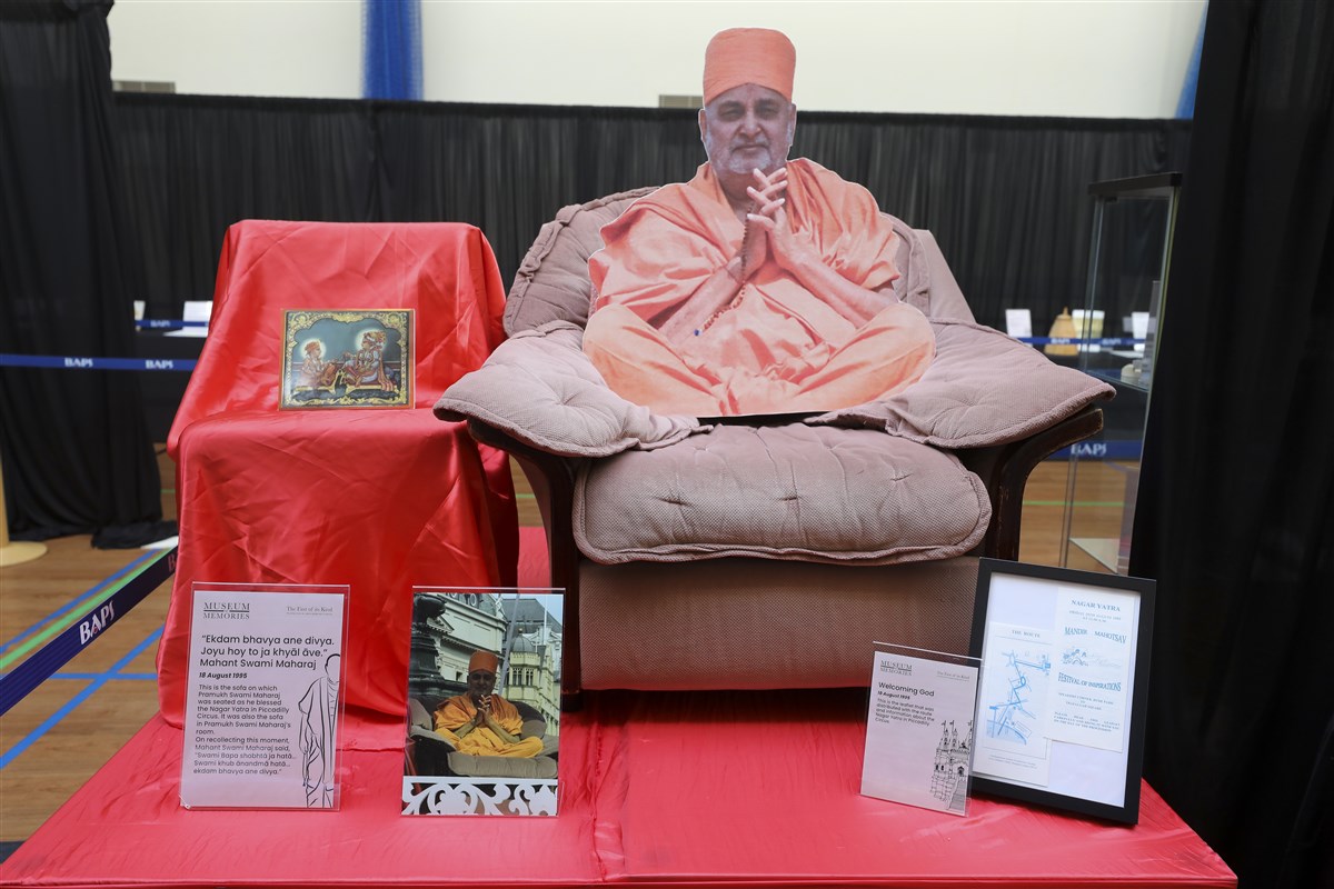 <b>Nagar Yatra in Piccadilly Circus, 18 August 1995</b> <p></p>This is the sofa chair upon which Pramukh Swami Maharaj was seated as he blessed the Nagar Yatra in Piccadilly Circus.<br><p></p><b>Nagar Yatra Leaflet, 18 August 1995</b> <p></p>This is the leaflet that was distributed along the route with information about the Nagar Yatra in Piccadilly Circus