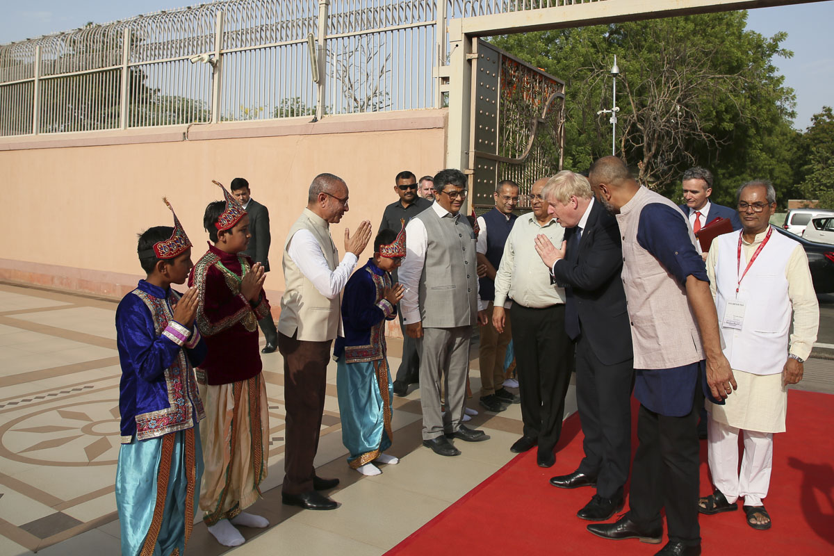 British Prime Minister Boris Johnson arrives at Swaminarayan Akshardham, Gandhinagar
