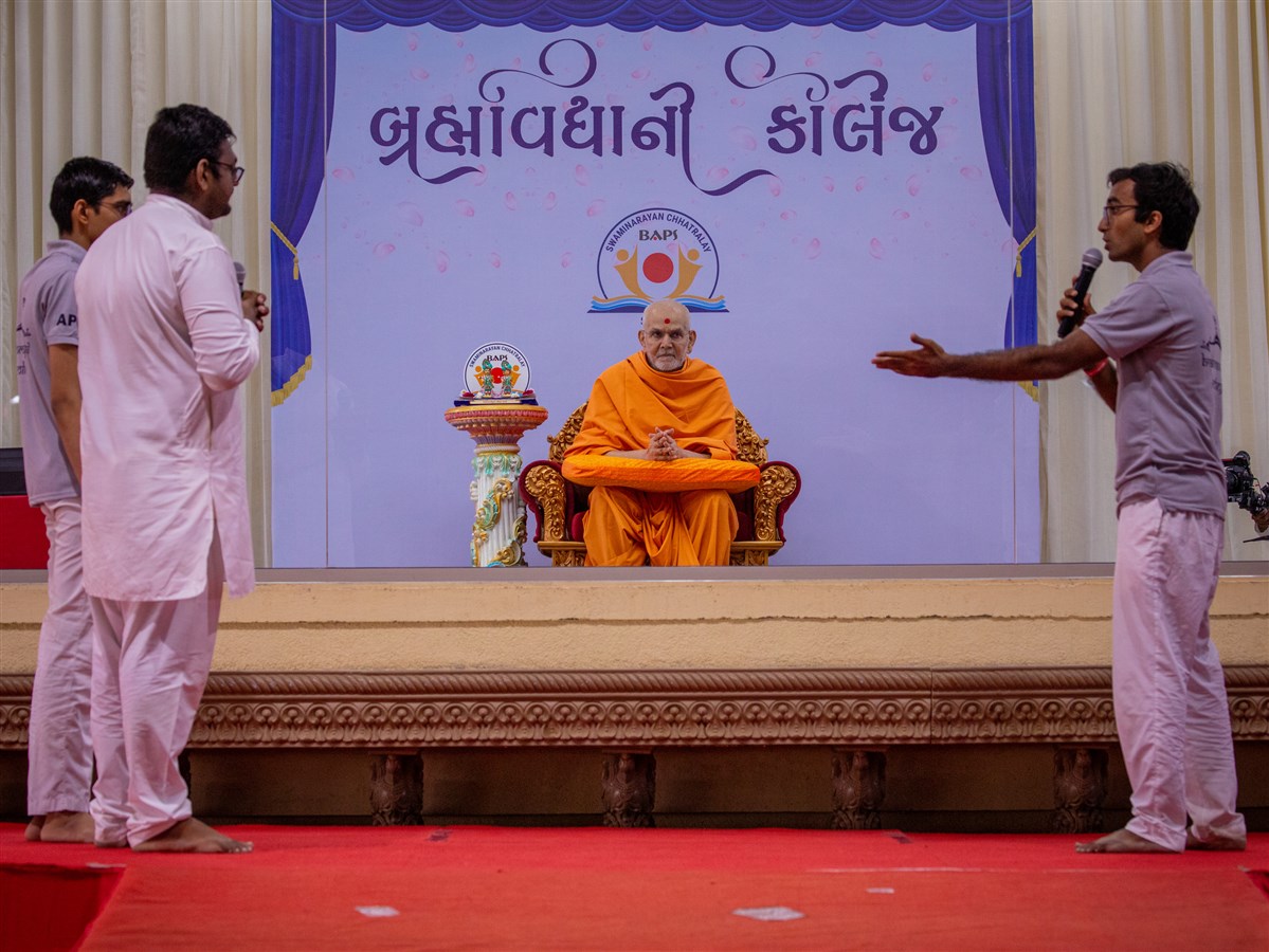 Chhatralaya youths present a skit before Swamishri
