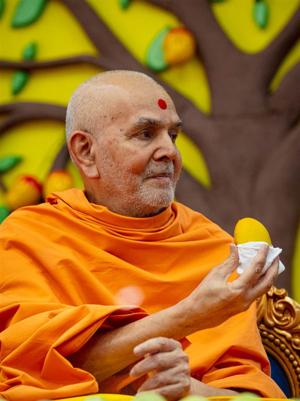 Swamishri sanctifies a mango