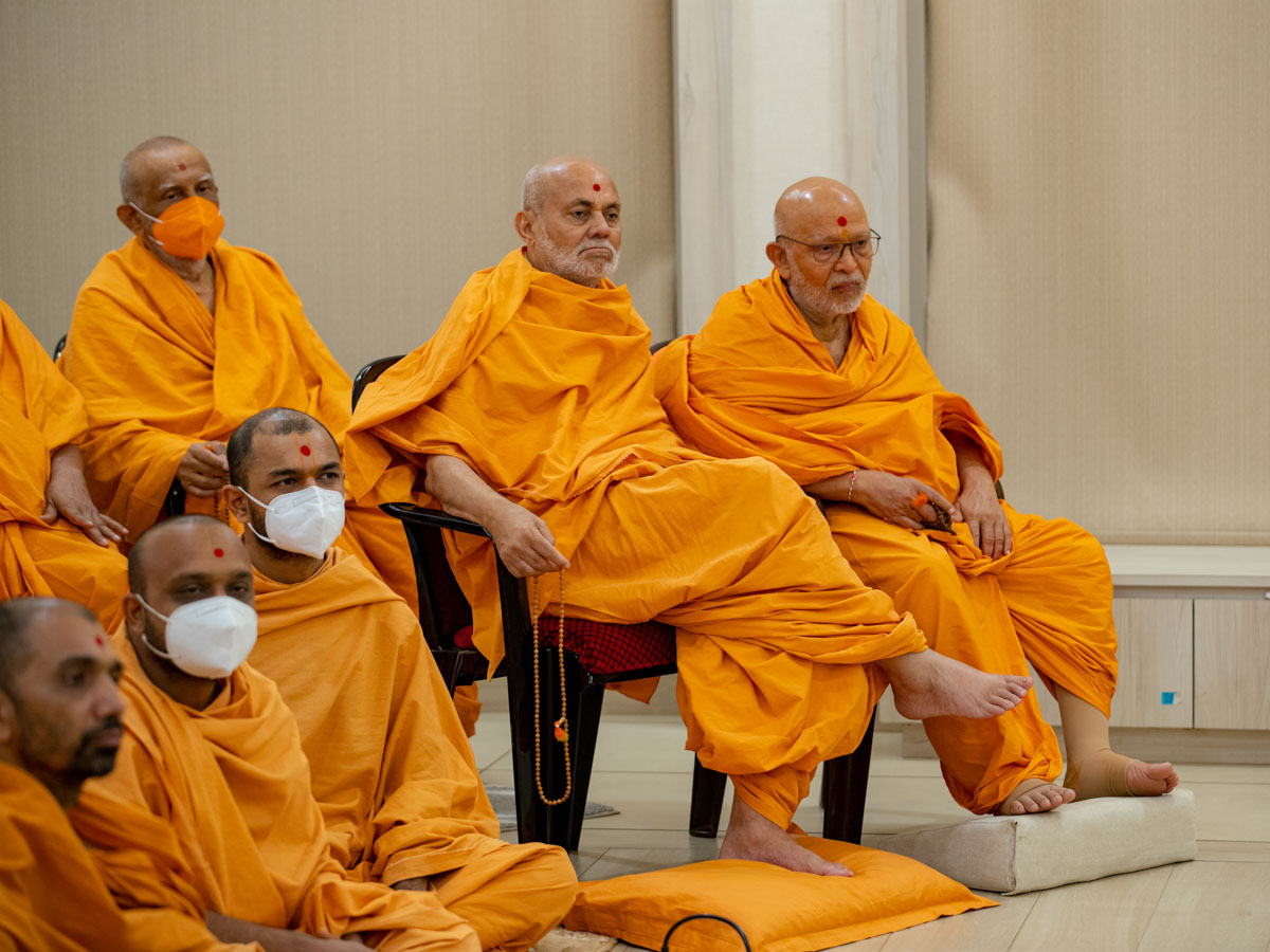 Senior sadhus and sadhus doing Swamishri's puja darshan