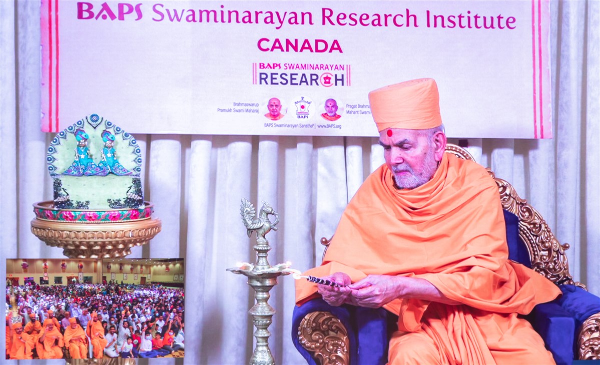 HH Mahant Swami Maharaj inaugurates the BAPS Swaminarayan Research Institute by lighting the sacred lamp in the presence of Shri Akshar-Purushottam Maharaj in India