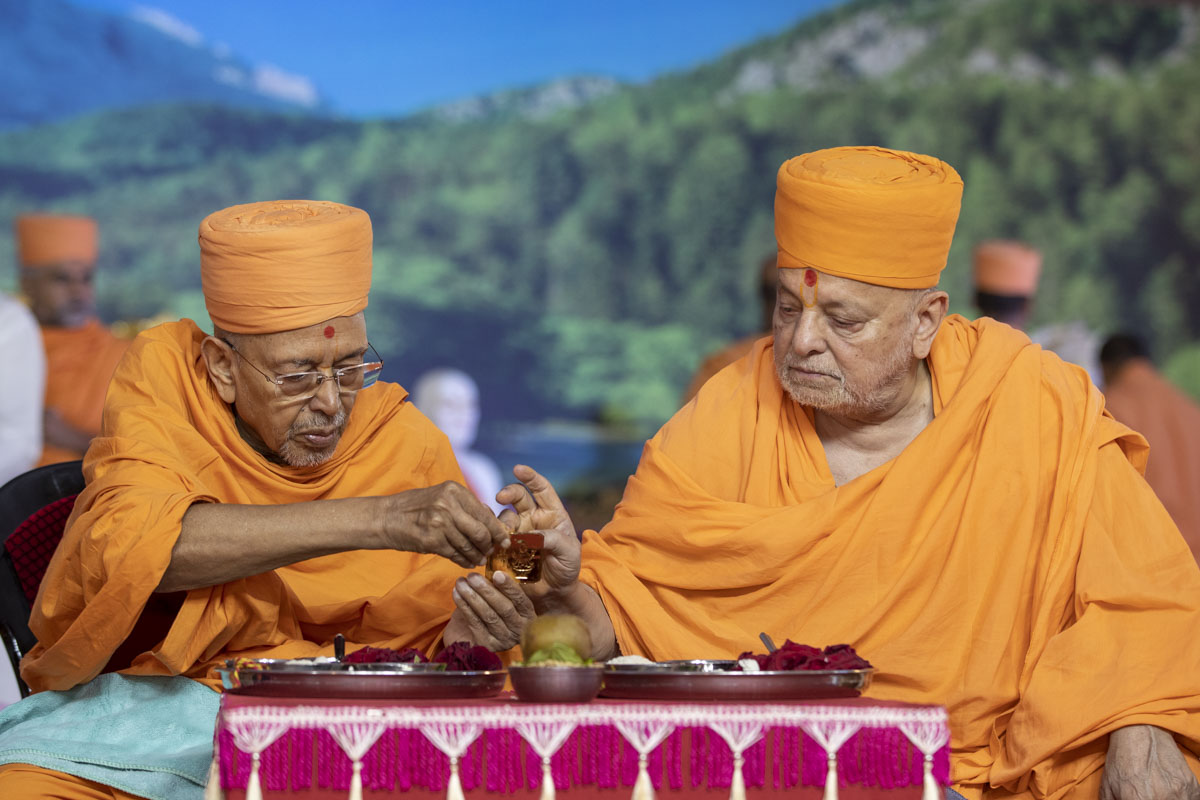 Pujya Tyagvallabh Swami and Pujya Ishwarcharan Swami perform the yagna rituals