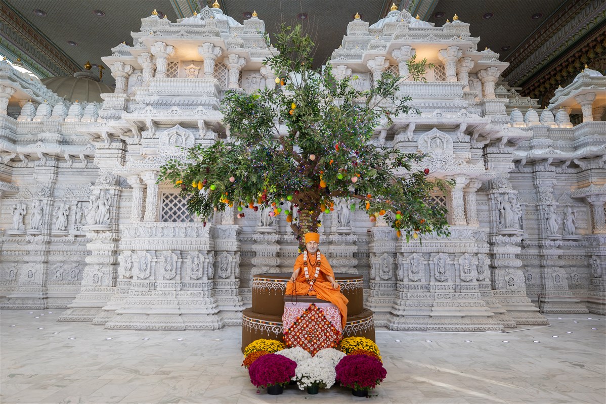 Along the Mandir edifice, a murti of  Pramukh Swami Maharaj placed under the 'fruits of satsang' tree