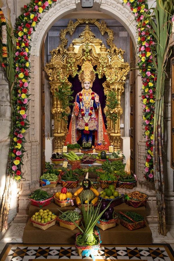 Annakut of fruits and vegetables (Haatadi) offered to Shri Ghanshyam Maharaj