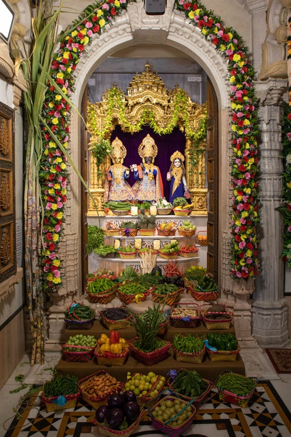Annakut of fruits and vegetables (Haatadi) offered to Shri Harikrishna Maharaj and Shri Radha-Krishna Dev