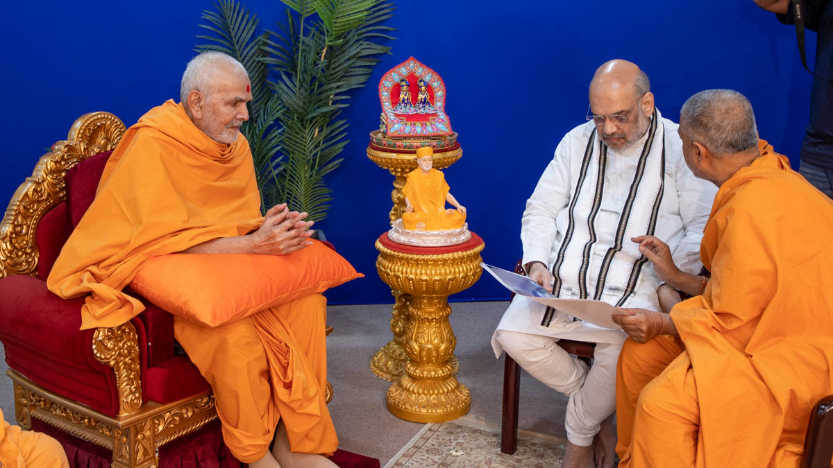 Shri Amit Shah was updated on Pramukh Swami Maharaj Shatabdi Mahotsav by Brahmavihari Swami