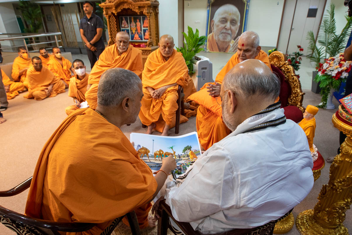 Shri Amit Shah was updated on Pramukh Swami Maharaj Shatabdi Mahotsav by Brahmavihari Swami
