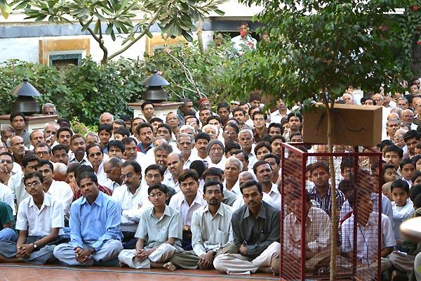 Devotees await for Swamishri's darshan on the day of his departure