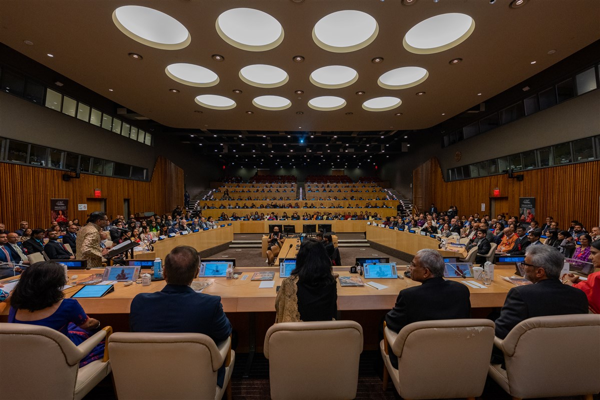 Panelists and participants take part in ‘The World is One Family’ event at the United Nations to honor the legacy of HH Pramukh Swami Maharaj