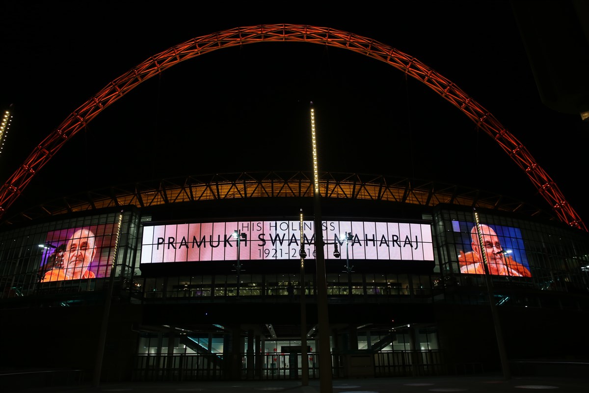 Wembley Stadium Illuminated to Honour Pramukh Swami Maharaj