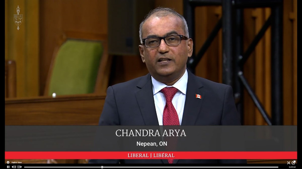 Chandra Arya, Member of Parliament for Napean, Ontario,  recognized HH Pramukh Swami Maharaj in the Canadian Parliament on Dec. 7, 2021