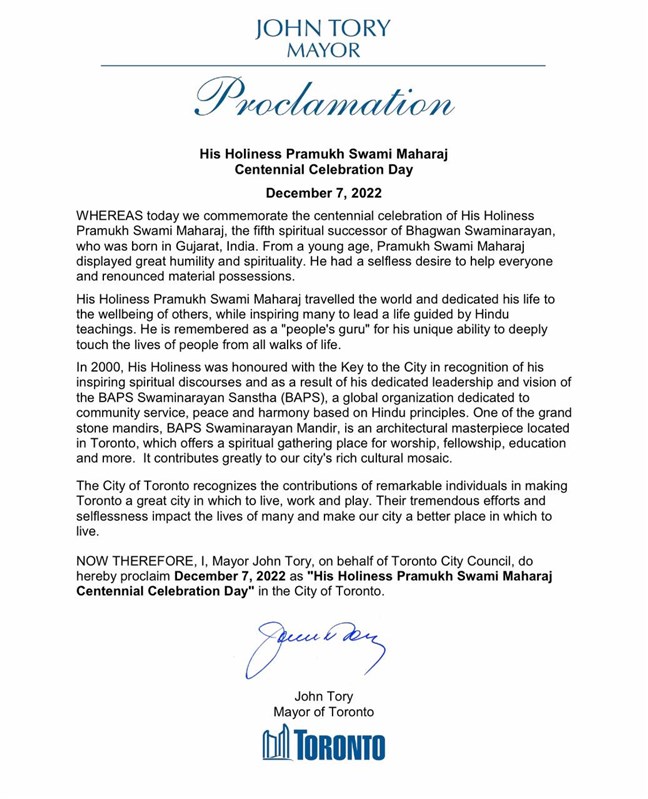 City of Toronto proclaimed Dec. 7, 2022, the birth anniversary of Pramukh Swami Maharaj, as “His Holiness Pramukh Swami Maharaj Centennial Celebration Day”