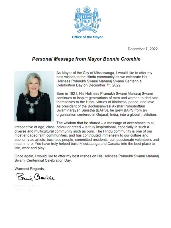 Message from Her Worship Bonnie Crombie, Mayor for City of Mississauga