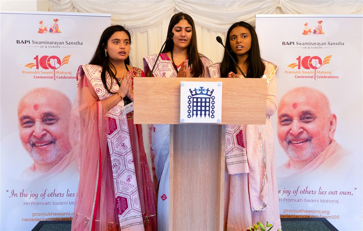 Young ladies from Neasden Temple began the event by singing the Shanti-Path, an ancient Vedic prayer invoking peace and harmony in all aspects of creation