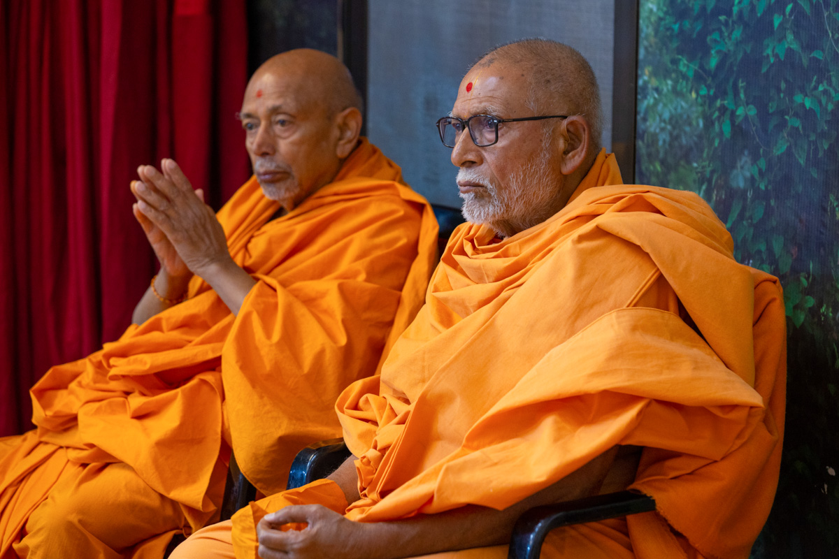 Pujya Bhaktipriya Swami (Kothari Swami) and Pujya Tyagvallabh Swami doing Swamishri's puja darshan