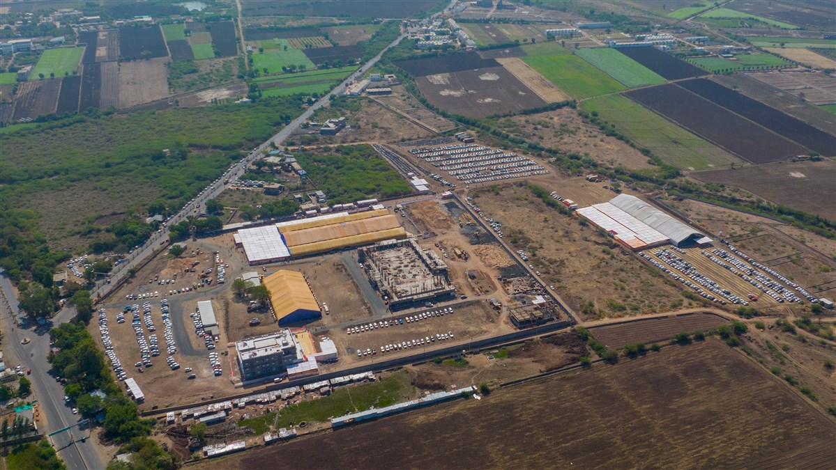 Aerial view of the under-construction site of the new BAPS Shri Swaminarayan Mandir, Surendranagar