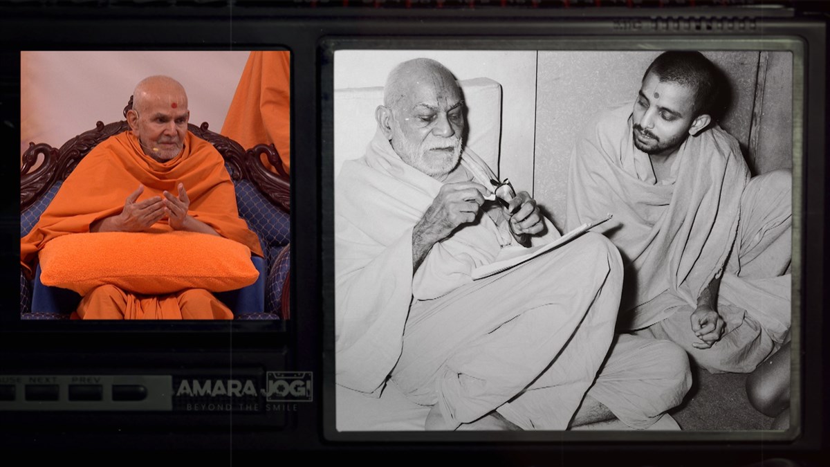 Swamishri watched the tape in which Ishwarcharandas Swami explains the spiritual love he experienced from Yogiji Maharaj