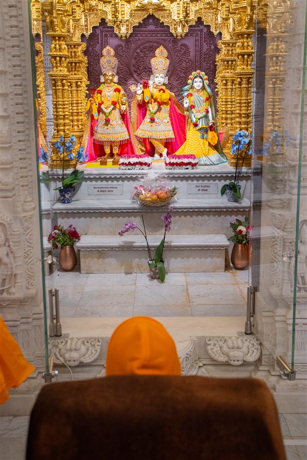 Swamishri doing darshan of Shri Harikrishna Maharaj and Shri Radha-Krishna Bhagwan