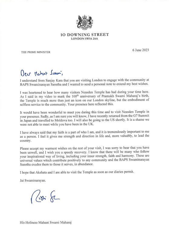 A personal letter of greetings and gratitude to His Holiness Mahant Swami Maharaj from British Prime Minister Rt Hon Rishi Sunak MP