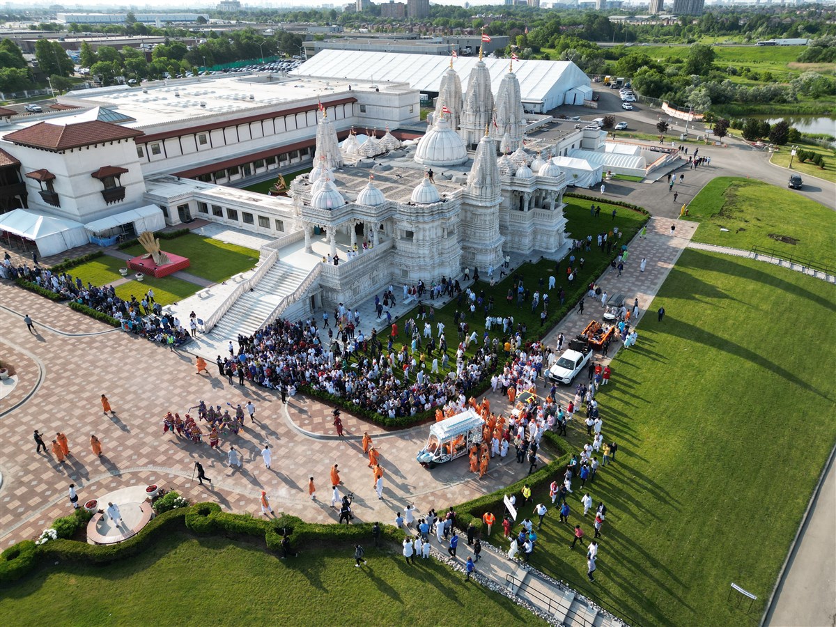 Aerial view of the Rathyatra Celebration at the BAPS Shri Swaminarayan Mandir, Toronto
