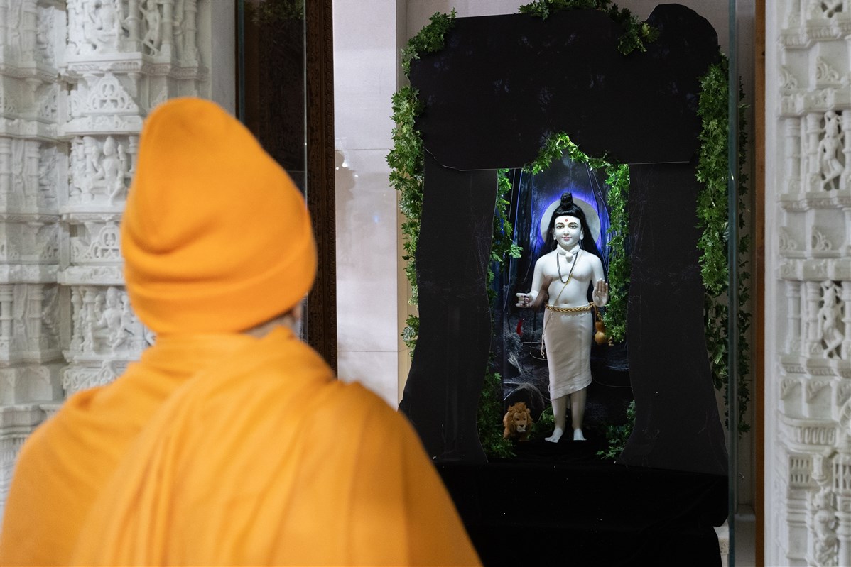 Swamishri engaged in the darshan of Shri Ghanshyam Maharaj