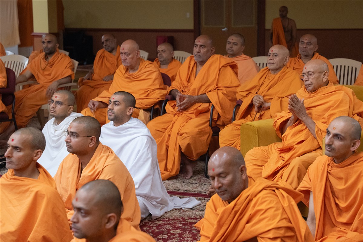 Swamis engaged in darshan of Swamishri