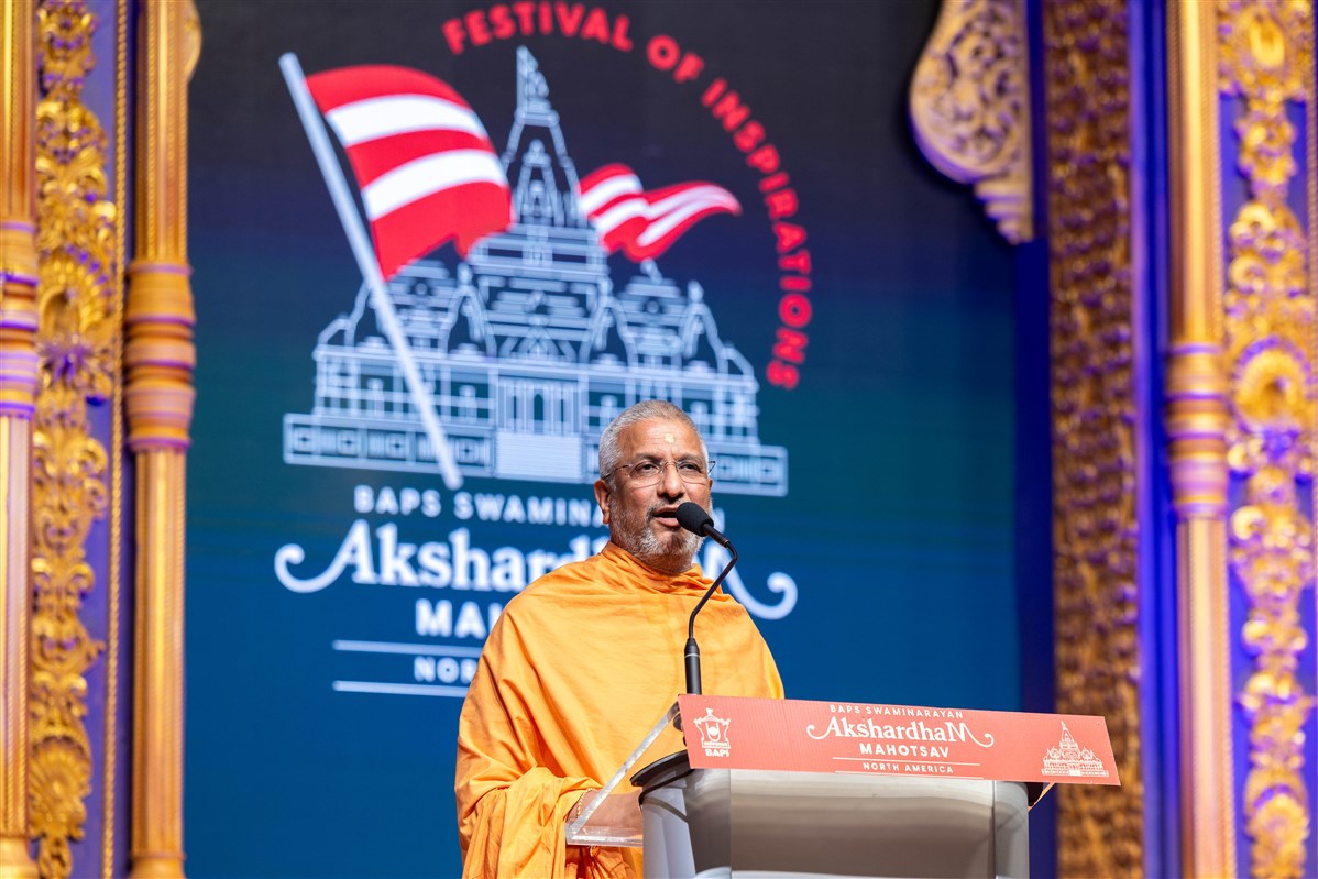 Aksharvatsaldas Swami addresses the launch assembly 