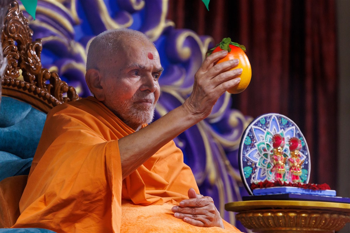 Swamishri picks a mango, symbolizing the idea of drawing positive qualities from everyone around us