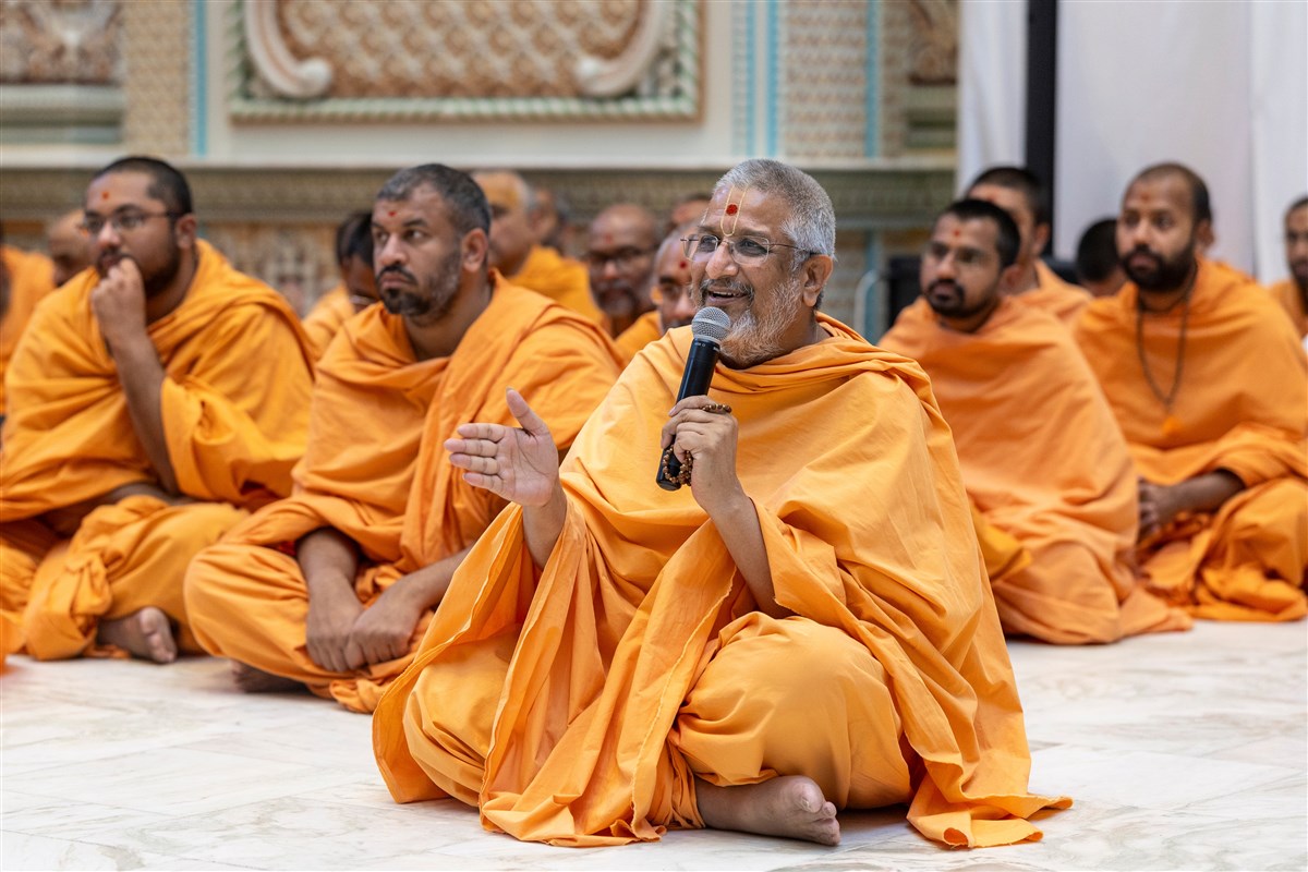 Pujya Aksharvatsaldas Swami in conversation with Swamishri