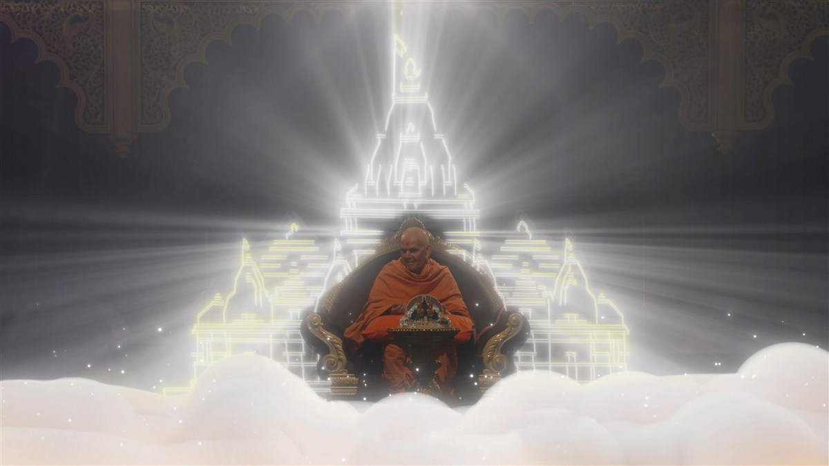 Swamishri captured in an unparalleled moment with the divine light of Akshardham surrounding him