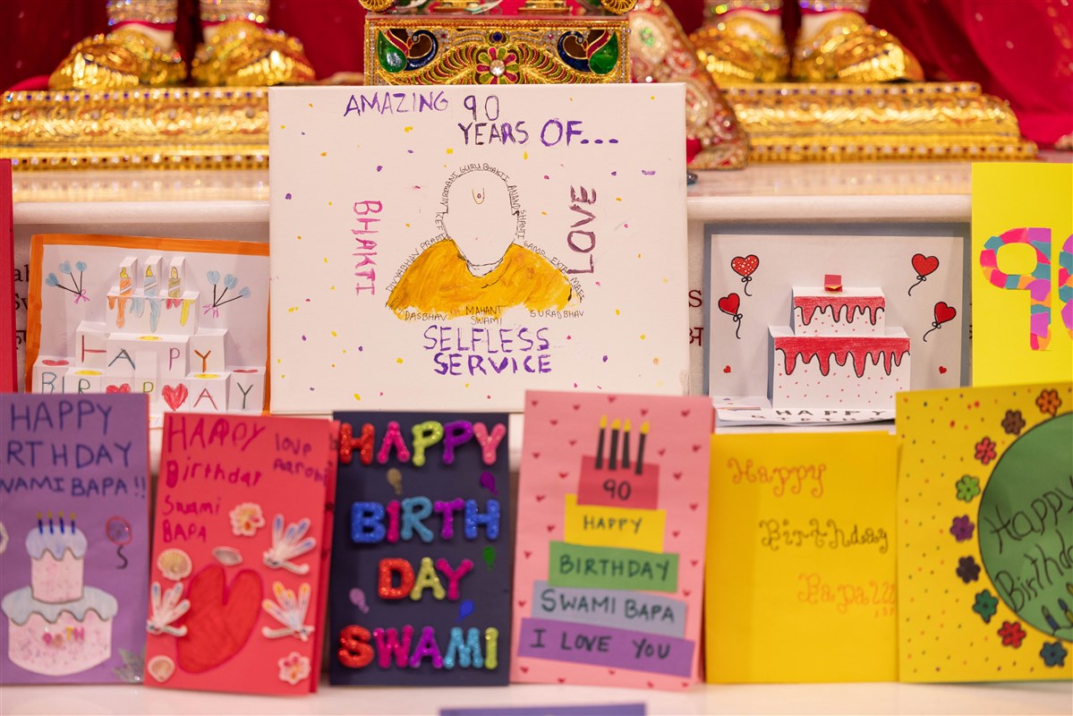 Birthday cards made by children and youth for the 90th birthday celebration of His Holiness Mahant Swami Maharaj