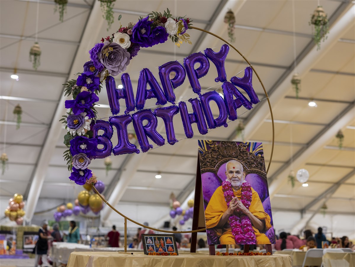 Birthday decorations adorn the dining tent