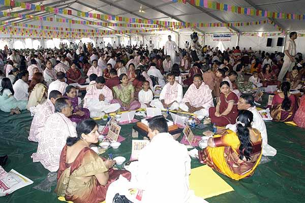 Devotees take part in the Vishwashanti Mahayagna, or World Peace Prayer 