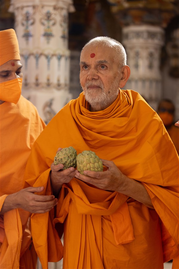 Swamishri offers fruits to Thakorji