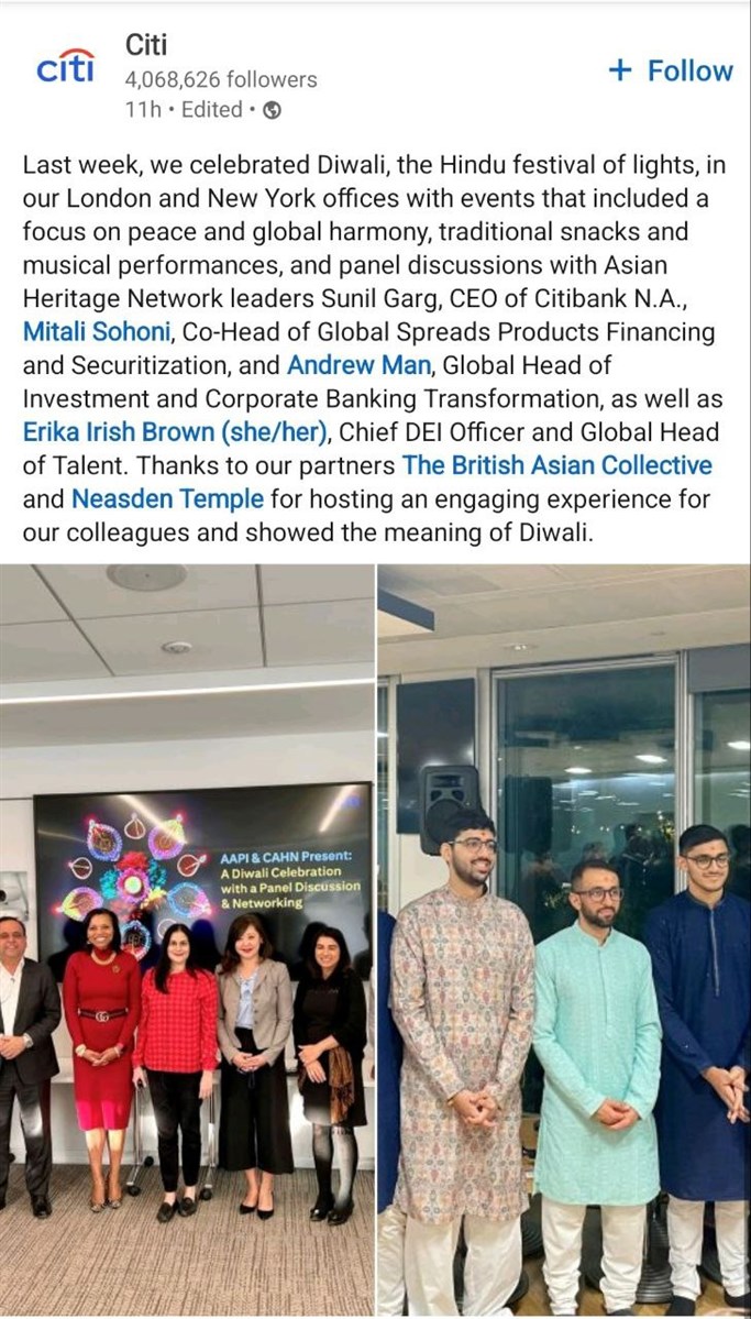 Citi expressed their appreciation for Neasden Temple in a social media post (see <a href="https://www.linkedin.com/posts/citi_last-week-we-celebrated-diwali-the-hindu-activity-7132464515773841408-P8jV/" target="blank" style="text-decoration:underline; color:blue;">here</a>)