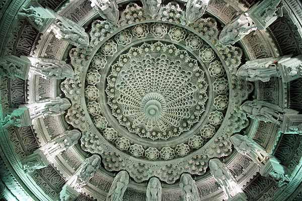 Intricately carved central dome of the Mandir