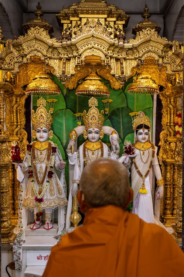 Swamishri engrossed in darshan of Shri Harikrishna Maharaj and Shri Lakshmi-Narayan Bhagwan