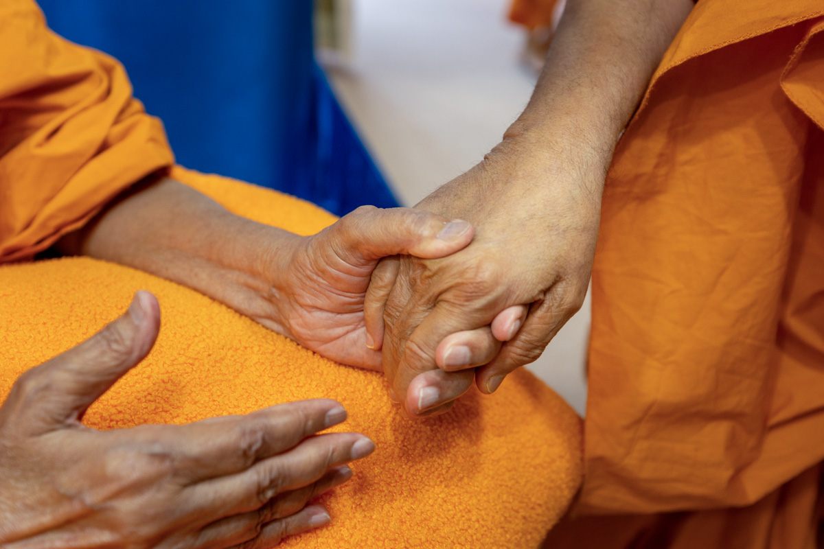 Swamishri holds Pujya Viveksagar Swami's hand