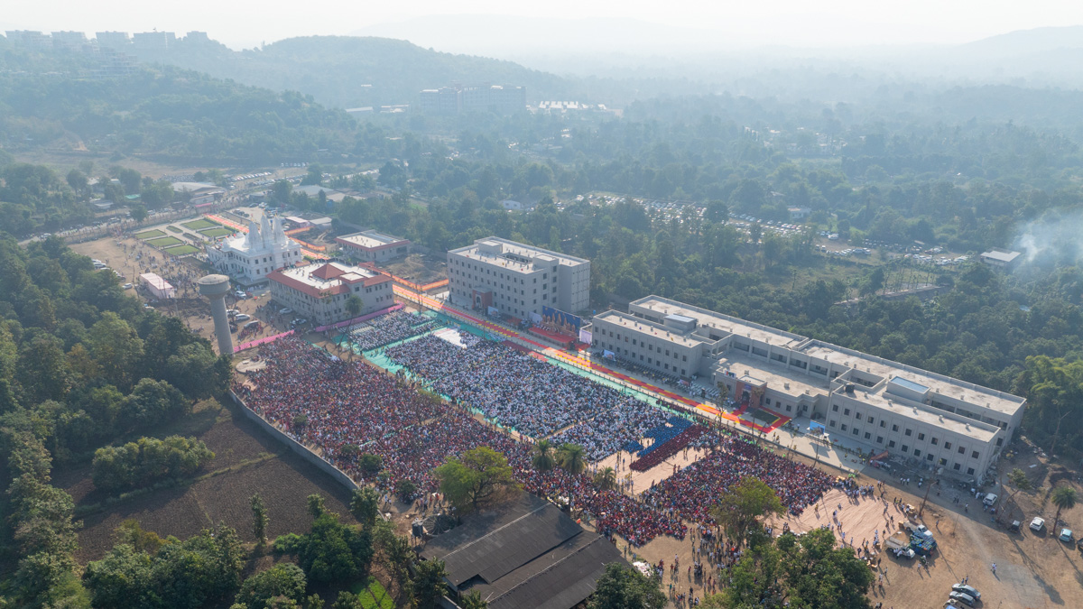 Aerial view of the mandir campus