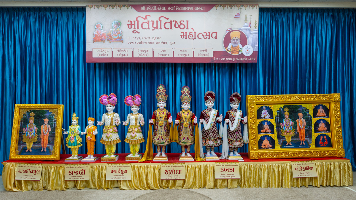 Murtis to be consecrated at BAPS Shri Swaminarayan Mandirs in Akola (Nagpur), Malkinpura (Amod), Buntyfaliya (Jambusar), Rangaipura (Mahelav), Dabka (Gavasad), Kajali (Silvassa), India
