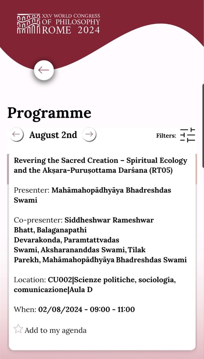 The session on Akṣara-Puruṣottama Darśana at the World Congress of Philosophy took place on the morning of Friday 2 August 2024