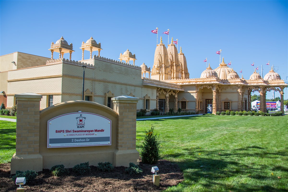 BAPS Shri Swaminarayan Mandir in Melville, New York, where the community gathered to pray for peace following the desecration.