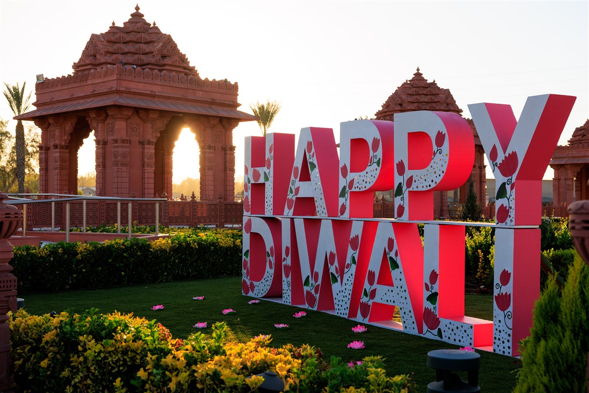 A beautiful lotus-themed 'Happy Diwali' greets visitors for the multi-day Diwali festival at BAPS Shri Swaminarayan Mandir, Los Angeles.
