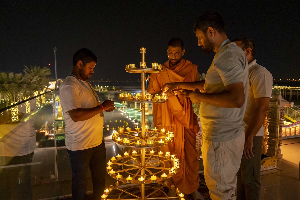 Swamis and Volunteers lit the premises of BAPS Hindu Mandir in Abu Dhabi, celebrating Diwali