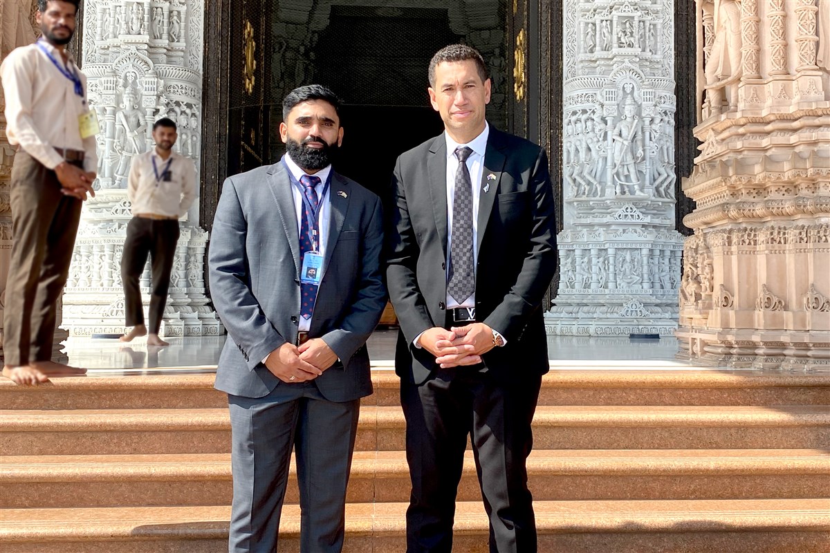 New Zealand cricketers Ajaz Patel and Ross Taylor at Swaminarayan Akshardham in New Delhi