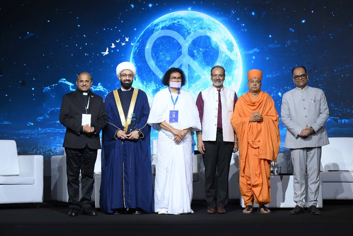 Swami Brahmaviharidas with the thinkers and speakers at the Global Justice, Love, and Peace Summit in Dubai