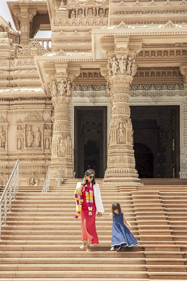 US Second Lady Usha Vance and daughter Mirabel descend the mandir steps